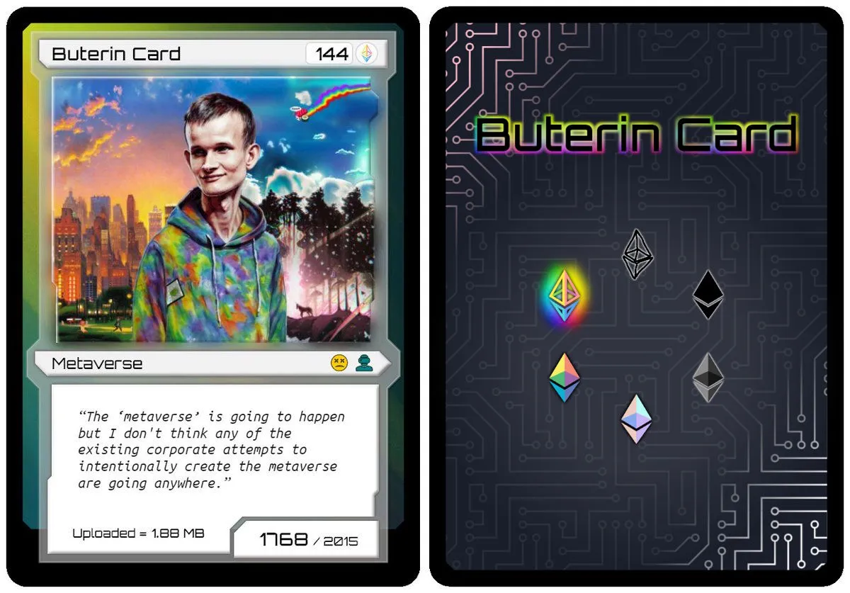 The front and back of a Buterin Card side by side. The front frames a portrait of Vitalik Buterin over a sunset city skyline, under the quote title Metaverse, numbered 1768 of 2015. The back is a dark circuit board with Buterin Card spelled in rainbow lettering.